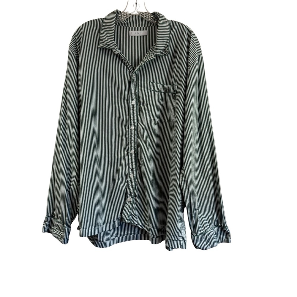 Lake Pajama Top Mens XL Green White Striped Long Sleeves Button Front Cotton
